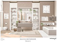 the bathroom is decorated in white and neutrals, with lots of plants on the shelves