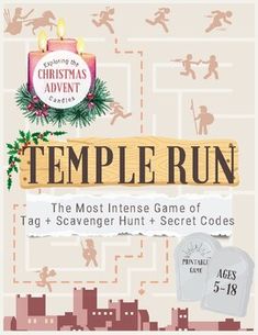 an advertisement for the temple run, with people in silhouettes and buildings around it