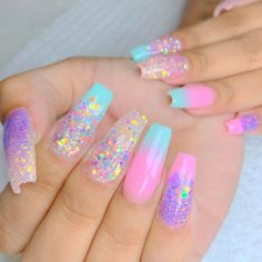 Unicorn Nails Designs, Purple Acrylic Nails, Fake Nails Designs, Chrome Nails Designs, Ombre Acrylic Nails, Mermaid Nails, Pretty Nail Art Designs, Coffin Shape Nails, Diy Nail Designs