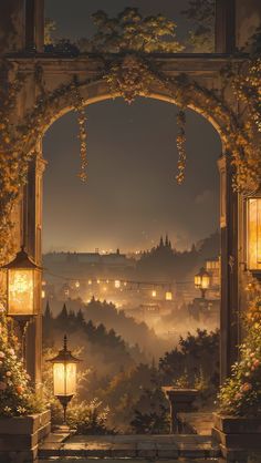 an archway leading into a lush green forest filled with lots of trees and lights at night