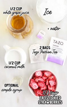 the ingredients to make an ice tea recipe on a white counter top with text overlay