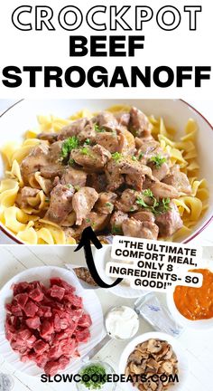 the recipe for crockpot beef stroganooffi is shown in this poster