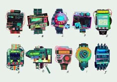 several different types of electronic gadgets are depicted in this graphic art work, each with their own color scheme