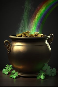 a pot full of gold coins with a rainbow coming out of it and shamrock leaves around