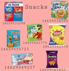 some snacks that are on top of a pink background with the numbers in front of them