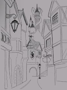 a black and white drawing of an alley