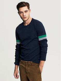 $22 Banana Republic Sleeve-Stripe Crew Frugal Male Fashion, Men's Wear, Men Looks, Cotton Pants, Fashion Models, Mens T, Banana Republic, Long Sleeve Tshirt Men, Tee Shirts