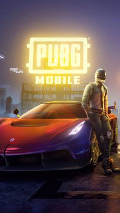 a man sitting on top of a car in front of a neon sign that reads pub mobile