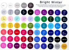 an image of a poster with different colors on it's side and the words bright winter written in white