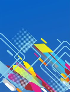 an abstract blue background with colorful lines and shapes on the bottom right corner, against a deep blue sky