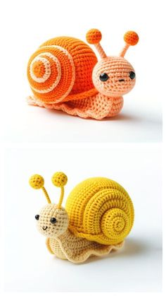 two crocheted snails sitting next to each other