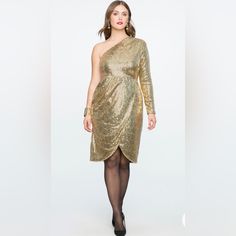 Absolute Gorgeous Dress For Cocktail Evening Wear For That Special Occasion Or Night Out. Very Chic 19” Pit To Pit 17” Waist 42” Shoulder To Hem Measurements Taken Laying Flat Ruffle Long Sleeve Dress, Eloquii Dress, Famous Outfits, V Dress, Gold Sequin Dress, Plus Size Party Dresses, Dress One Shoulder, Shoulder Wrap, Eve Dresses