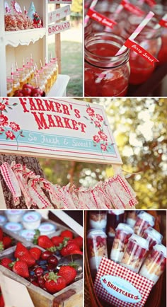 a collage of pictures with strawberries and desserts in jars on the table