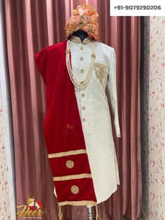 This sherwani includes Sherwani, Pajama/Pajami/Pant, Necklace, Dupatta along with the matching Pagri. For any assistance, Whatsapp us at +91-9079290206 or mail us at heersuhaagchura4@gmail.com Mens Wear Wedding, Wedding Store, Wedding Suits Men, Wedding Wear, Wedding Men, Wedding Suits, Mens Suits, Pajamas, Victorian Dress