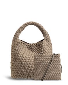 Key Features Taupe Hand woven Made from recycled neoprene Unique stretch fabrication Removable baseboard Magnetic closure Dark metallic crossbody strap hooks Includes matching Prene purse with detachable crossbody strap Fabrication 95% Lycra Neoprene, 5% Polyester. Size And Care (Approximate) Length: 19.5cm Width: 11cm Height: 22cm Handle height: 10cm Handle circumference: 30cm Interior purse measures: 17cm L x 16cm H Weight: 355g For best care, gently hand wash in cool water using a mild deterg Prene Bags, Twist Weave, Neoprene Tote, Sleek Chic, Brighton Bags, Lingerie Bag, Australian Design, Crossbody Strap, Magnetic Closure