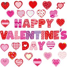 happy valentine's day with lots of hearts on the white background and pink lettering