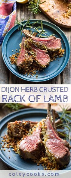 two plates with food on them and the words dion - herb crusted rack of lamb