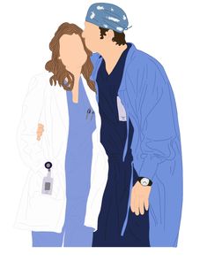 a man and woman in scrubs kissing each other while standing next to each other