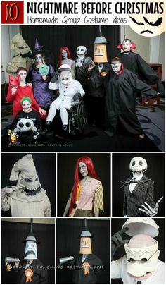 a collage of halloween costumes with text overlay that reads 10 nightmares before christmas homemade group costume ideas