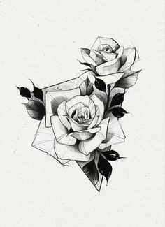 a drawing of two roses with leaves on the bottom and one flower in the middle