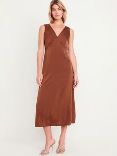 Sleeveless Satin Midi Slip Dress | Old Navy Flowy Fashion, Midi Slip Dress, Maxi Slip Dress, Dress Orange, Satin Maxi, Old Navy Women, Clothing Ideas, Fall Wardrobe, Empire Waist