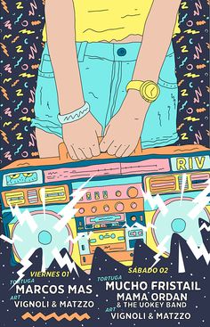 a poster for an event with a person holding a boombox in front of them