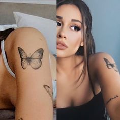 a woman with tattoos on her arm and behind her is a photo of a butterfly tattoo