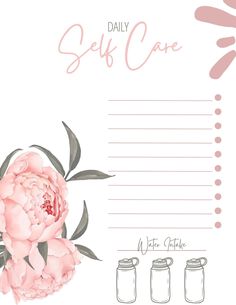 a card with flowers and jars for self care written in pink ink on a white background