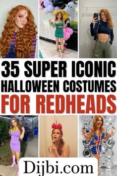 halloween costumes for redheads with text overlay that reads 35 super iconic halloween costumes for redheads