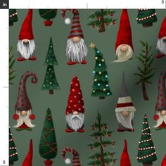 christmas gnomes and trees on a green background