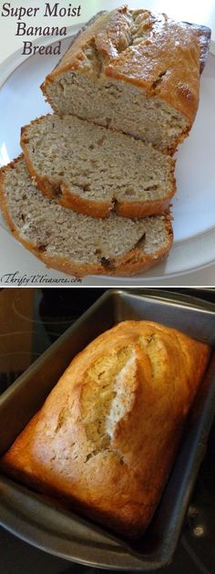 there are two pictures of banana bread on the same plate