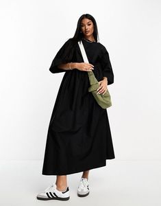 Dresses by ASOS DESIGN DAYTIME CHIC Plain design Round neck Three-quarter-length sleeves Oversized fit Black Midi Dress For Spring, Black Midi Dress With 3/4 Sleeve For Spring, Plain Design, Smock Dress, Three Quarter, Oversized Fits, Smocking, Round Neck, Asos