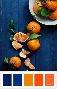 an image of oranges in a bowl on a table with color swatches to match them