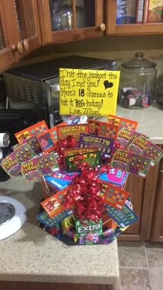 a bunch of candy sitting on top of a kitchen counter