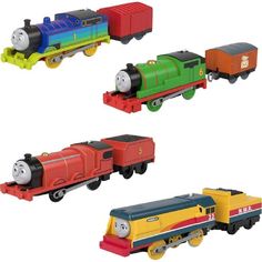 three thomas the tank engine toy cars are shown in three different colors and sizes, one is multicolored