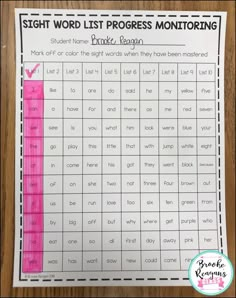 the sight word list is displayed on a wooden table with pink and black lines in it