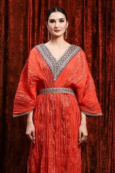 Orange textured stripe kaftan with gota,badla, dori embroidery and side slit. Comes with belt. - Aza Fashions Dori Embroidery, Kaftan Women, Kaftan Pattern, Kaftan For Women, Cape Sleeves, Aza Fashion, Types Of Sleeves, V Neck, Embroidery