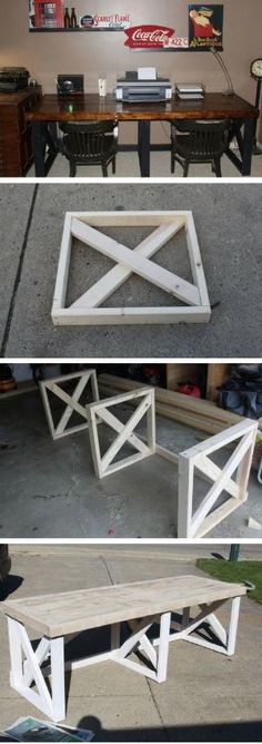 three different views of the same table and bench, one is made out of wood