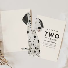 two birthday cards with a dalmatian dog on the front and back, both printed in black and white