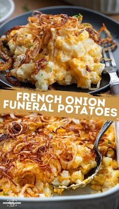 French Onion Funeral Potatoes are diced hash browns in a rich, cheesy sauce, topped with homemade crispy fried onions. I thought about this delicious twist on the more classic Funeral Potatoes (topped with crushed cornflakes) but with fried onions instead! Sides Made With Potatoes, Entree With Mashed Potatoes, Diced Onion Recipes, Family Gathering Recipes, French Onion Potatoes Au Gratin, Crispy Onion Recipes, Best Potato Dishes, French Onion Bake, Recipes With Fried Onions