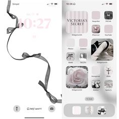 an iphone screen with various images and text on the front, along with a ribbon attached to it