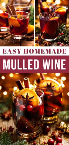 two glasses filled with mulled wine on top of a table