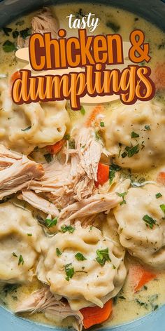 the cover of tasty chicken and dumplings cookbook is shown in a blue bowl