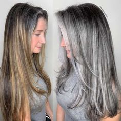 Ideas To Blend Grey Hair, Natural Grey Hair Balayage, Grey Hair Trend, Going Grey Long Hair, Fading Gray Hair, Best Hair Color To Blend Gray Roots, Gray Hair With Silver Highlights, Grey Blended Hair Going Gray, Hair Color Ideas For Grey Hair Over 50