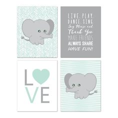 four elephant cards with the words love, live, play, dance, and thank you make friends always share have fun