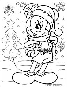 mickey mouse in the snow with christmas tree and presents on it's head, coloring page