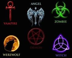 six different types of symbols in the shape of an arrow, demon, and wolf