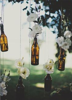 several bottles with flowers hanging from them