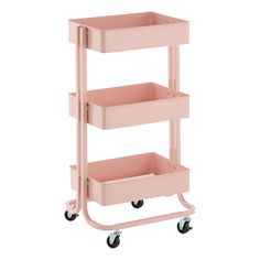 a pink cart with three shelves on wheels and two baskets in the bottom shelf,