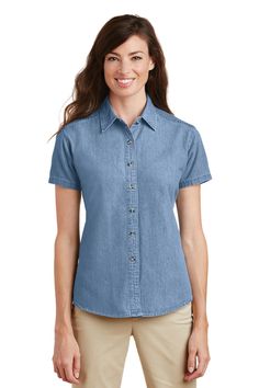 Port & Company ® - Ladies Short Sleeve Value Denim Shirt. LSP11 - FADED BLUE* - S | Port & Company Women's Short Sleeve Value Denim Shirt in Faded Blue* Size Small | Cotton Short Sleeve Denim Shirt, Short Sleeve Denim, Women's Button Down Shirt, Ink Blue, Ladies Short, Dress Shirts For Women, Denim Short, Chambray Shirt, Denim Shorts Women